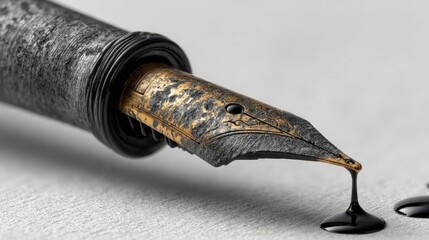 A close-up of a vintage fountain pen with a golden nib, dripping ink on a textured white surface, showcasing elegant minimalism and fine detail.