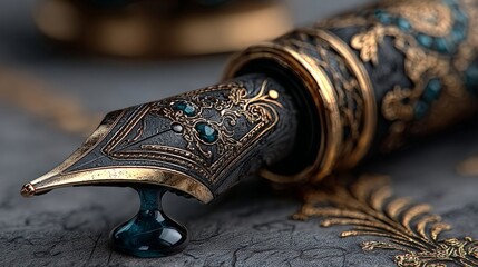 A macro shot of an ornate fountain pen nib with a glistening ink drop, set against a dark textured background with dramatic lighting and shallow depth of field.