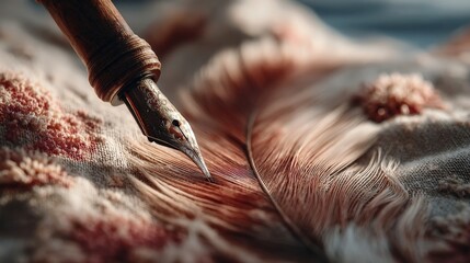A close-up of a vintage calligraphy pen resting on a feather and textured fabric, illuminated by soft dreamy light.