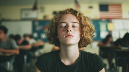 Fototapeta premium Student sits quietly in classroom during test in afternoon
