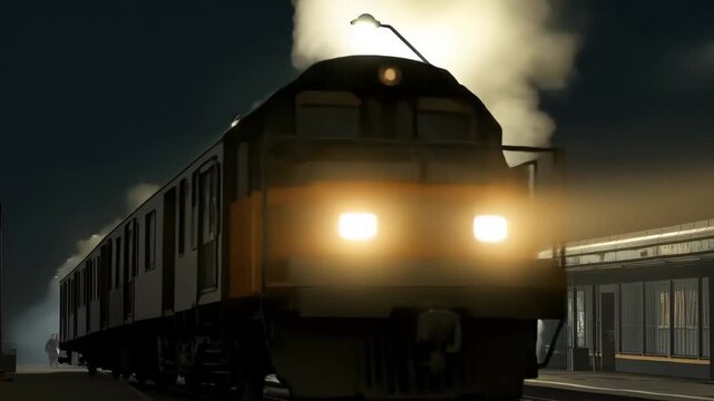 Vintage Train Journey at Twilight: A classic steam train, illuminated by its bright headlights and billowing smoke, steams gracefully along the track.