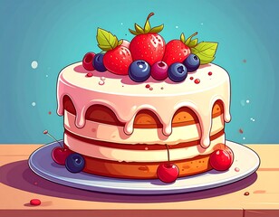 A cartoon-style illustration of a cake with white frosting and fruit