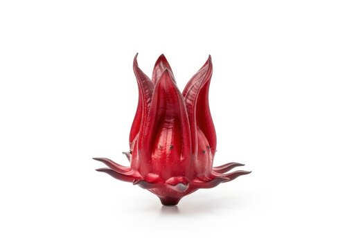 Single vibrant red roselle flower isolated on white background, closeup