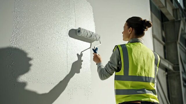rear perspective of worker wearing high visibility vest painting wall carefully using roller brush consistent movement creating smooth coverage across surface realistic paint texture visible close med