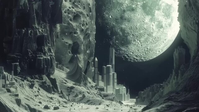 Lunar Cityscape: A mesmerizing and futuristic vision unveils a city nestled within a lunar landscape, illuminated by the ethereal glow of the moon.