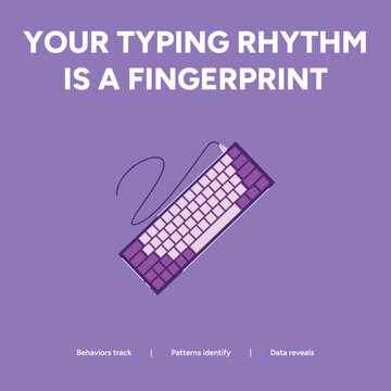 Biometric security concept of a computer keyboard representing a unique typing rhythm fingerprint on purple