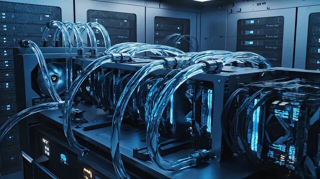 Futuristic Liquid Cooled Bitcoin Mining Farm - Sustainable Blockchain Infrastructure