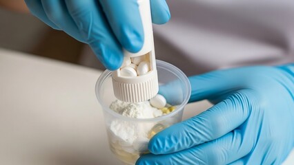 Pharmacist wearing blue gloves dispensing pills into a cup.