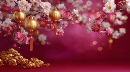 Fototapeta premium Festive plum blossoms and golden lanterns for Chinese New Year celebration