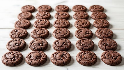 Rows of Decadent Chocolate Cookies with Chips on Light Wood Surface