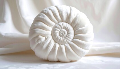 Obraz premium Close-up of a white, spiral-shaped object resembling a nautilus shell, resting on draped white fabric
