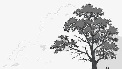 Fototapeta premium Silhouette Tree with Birds and Distant Figures in a Minimalist Landscape.