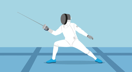 Fencer in white uniform and mask holding a sword on a blue piste.