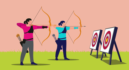 Two archers practicing target shooting with bows and arrows.