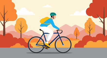 Naklejka premium Man Riding Bicycle on Road through Autumn Landscape.