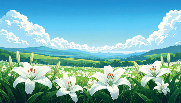 Elegant white lilies beneath expansive blue spring sky. Floral foreground highlighting purity against open countryside. Bright meadow composition with lilies and airy atmosphere