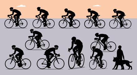 Obraz premium Cyclists riding bicycles in various positions with a person walking a dog.
