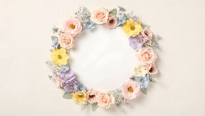 Naklejka premium Circular floral frame featuring a variety of pastel flowers and green leaves. Wedding invitation or greeting card design element. Decorative spring background.