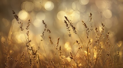 Ethereal Golden Grass Fields with Soft Bokeh Background for Nature and Calmness Themes, Capturing the Beauty of Summer Light and Tranquil Outdoor Scenes