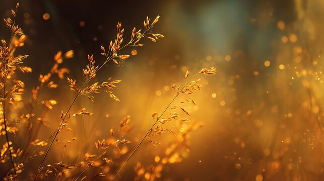 Soft golden glow of grass blades in a serene nature landscape, capturing the essence of tranquility and light in a warm summer evening atmosphere