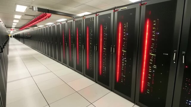 Supercomputer Data Center: A glimpse into a state-of-the-art supercomputer data center, with rows of server racks illuminated by ambient lighting.