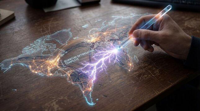 Holographic stylus triggers quantum optimization on global logistics world map network routes, futuristic data visualization technology background for business dashboard header