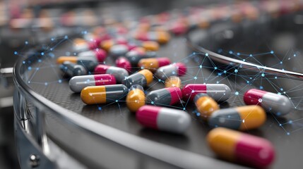 Colorful pharmaceutical capsules on a conveyor belt in a modern production facility, showcasing advanced technology and the future of medicine and health industry innovation.