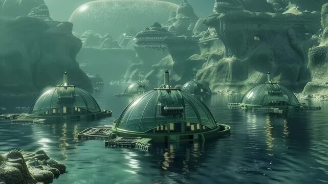 Underwater Cityscape: Immerse yourself in the ethereal beauty of an underwater cityscape, with futuristic domes and structures gracefully floating on the tranquil water surface.