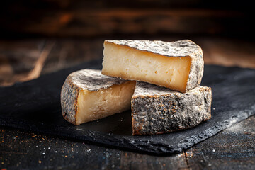 Fototapeta premium Cheese pieces arranged on dark slate surface in kitchen setting during daylight
