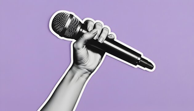 Black and white cutout of hand holding microphone, white sticker border effect, holding mic diagonally, minimalist purple background