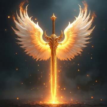 Golden sword with flaming angel wings stands on dark ground. Shining ornate weapon glows bright hot with fire sparks flying around. Epic fantasy artifact implies power and divinity.