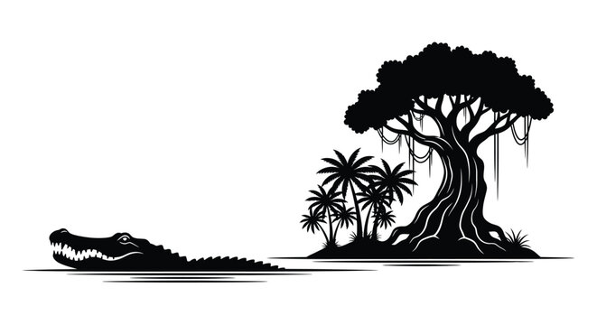 A striking black and white illustration depicts a swamp scene with an alligator and lush trees presented as a silhouette