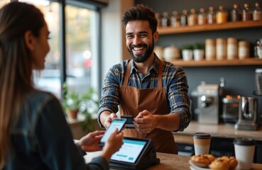 Obraz premium Man smiles while customer pays with phone at coffee shop counter. Digital transaction for coffee and pastry, no cash needed. Modern cafe service.