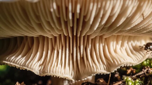 Close-up of mushroom gills with a small beetle crawling on the edge