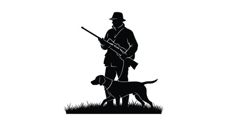 A hunter stands with a rifle and his dog amidst tall grass creating a striking dark silhouette high quality professional detailed © CreativeAkash099