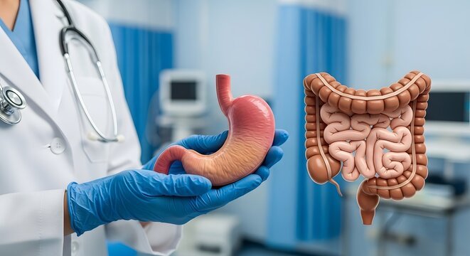Doctor holding a model of the human digestive system