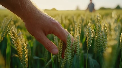 Naklejka premium Hand touching wheat.