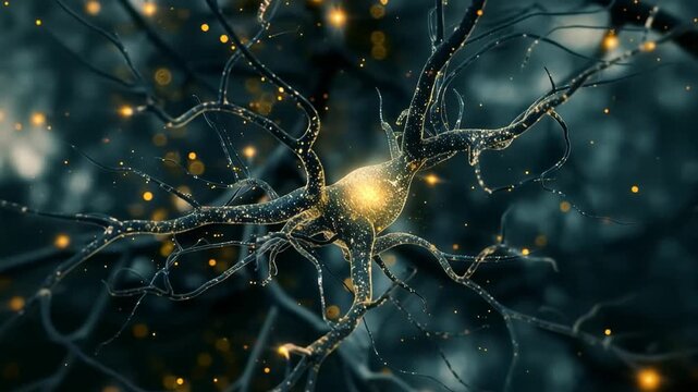 Neuron in Action: An intricate illustration of a neuron, alive with glowing synapses and neural connections, representing the core of the brain and nervous system's function.