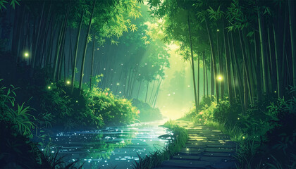 Obraz premium Mystic bamboo tunnel opening toward glowing forest light. Fantasy woodland passage featuring serene flowing water. Enchanted green corridor with luminous tranquil atmosphere