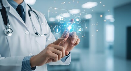 Doctor interacting with futuristic medical technology in a hospital setting