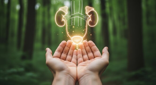 Hands cradling a glowing kidney in a serene forest setting