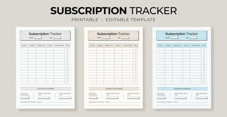 Obraz premium Subscription Tracker Template – Printable Planner for Managing Monthly and Yearly Subscriptions