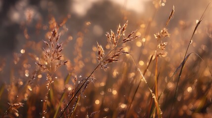 Fototapeta premium Soft Morning Light on Dew-Kissed Grass with Warm Tones and Gentle Bokeh Effect, Capturing Nature's Serenity and Tranquility in a Idyllic Landscape