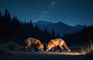 Obraz premium Two foxes interact on a dirt path at night. A dark forest and mountains form the background under a starry sky. One fox looks towards the viewer while the other sniffs the ground.