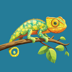 Obraz premium Colorful Cartoon Chameleon on a Branch , vector style simple color