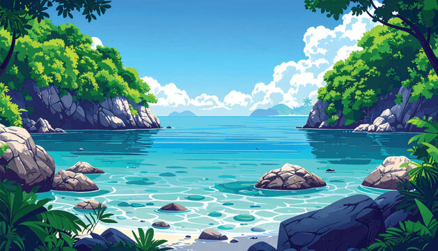 Rocky tropical cove with shallow water and lush vegetation. Hidden island beach illustration framed by green cliffs. Quiet coastal nook showcasing clear sea and natural rocks