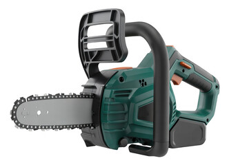 Naklejka premium Green and black electric chainsaw with orange accents isolated on a transparent background