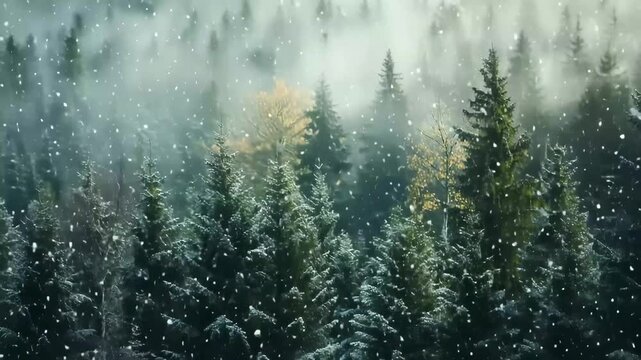 Snow-kissed Forest: A serene vista unveils a snowy forest, its tall trees standing resolute amidst the gentle fall of snowflakes, creating an atmosphere of tranquility.