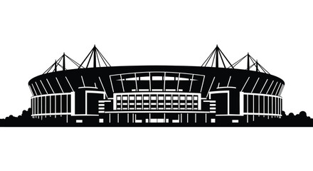A striking black and white illustration depicts a large stadium showcasing its architectural details as a silhouette high quality professional detailed © CreativeAkash099