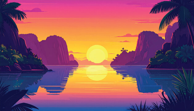 Sunset tropical canyon glowing between palms and reflections. Vivid coastal gorge illuminated by warm evening atmosphere. Exotic nature illustration featuring radiant water symmetry